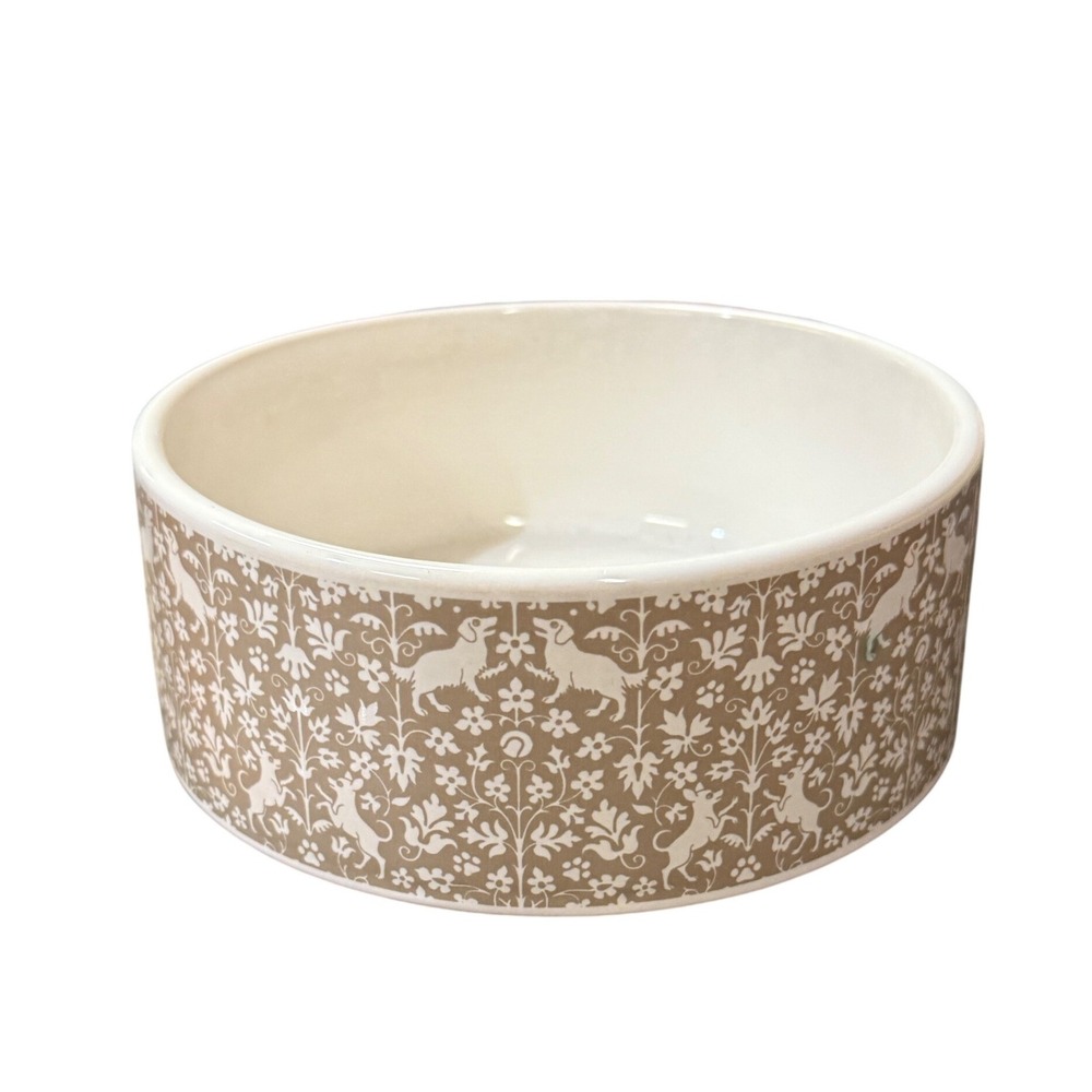 Fringe Pet Shop Dachshund Toile Ceramic Dog Bowl Tan White 6 Inch Round